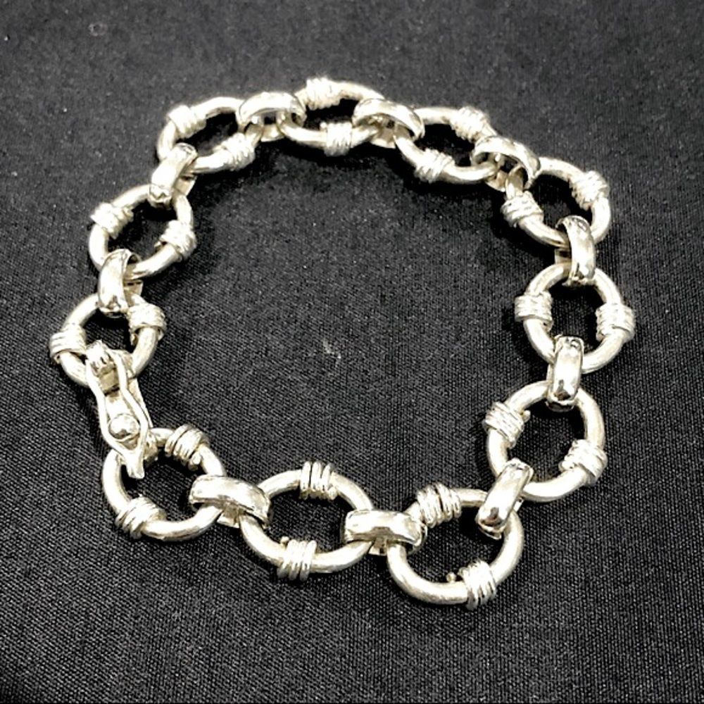 TAXCO Sterling Silver Rolo Link Bracelet With Decorative Striations